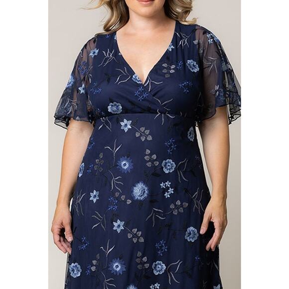 Kiyonna Gown Embroidered Elegance Blue Style 3X Flutter Sleeves Maxi Floral - Picture 2 of 7